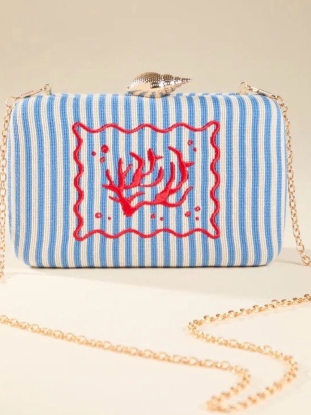 Altar'd State NWT Blue Striped Coral Embroidered Seashell Clasp Clutch Crossbody